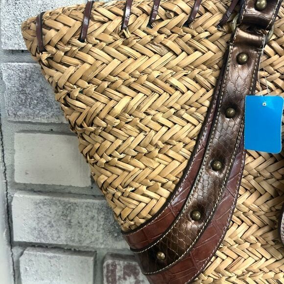 Brown Woven Straw Tote Nine West Large Straw Summer Bag 592 - Picture 3 of 6